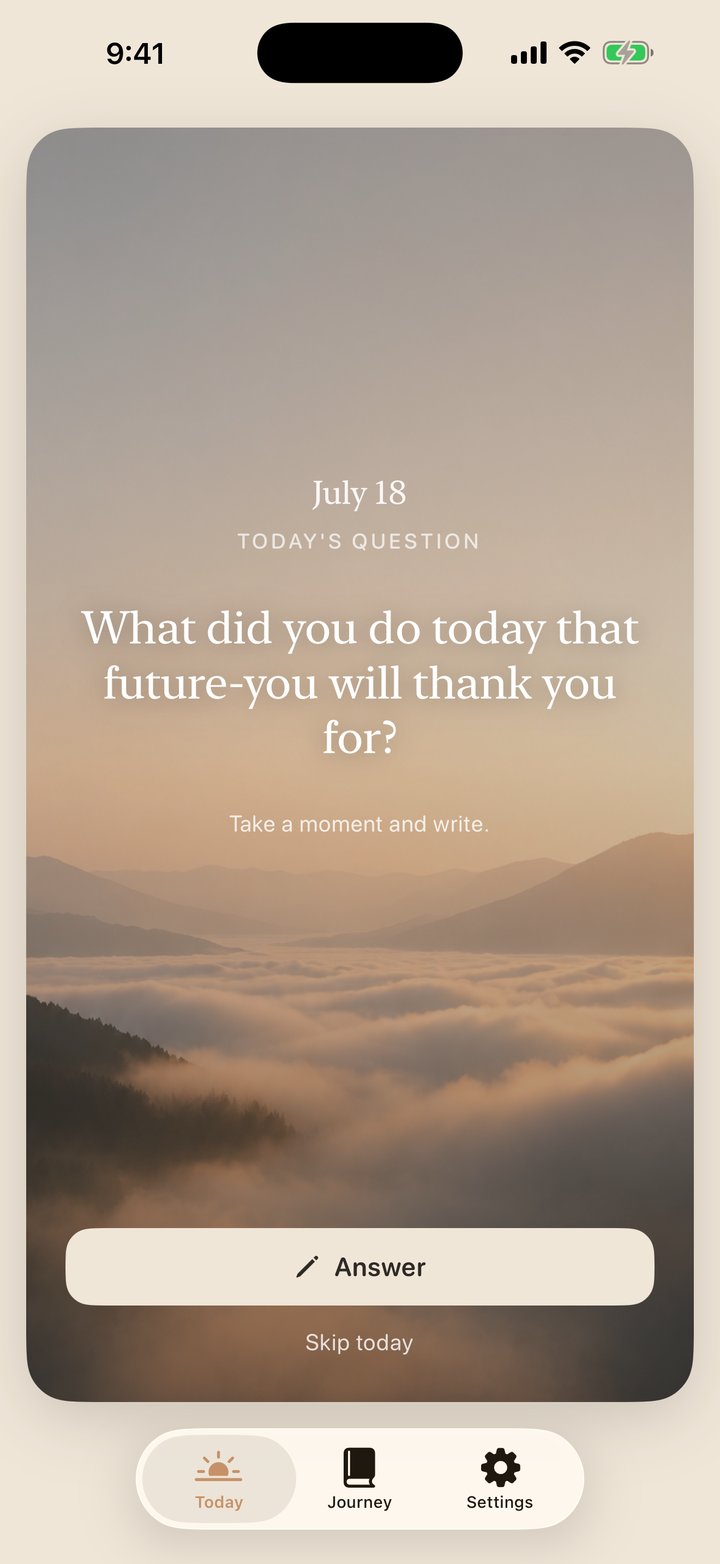 The Today app: today's question over a sea of clouds at sunrise, with the Answer, Skip, and tab bar controls